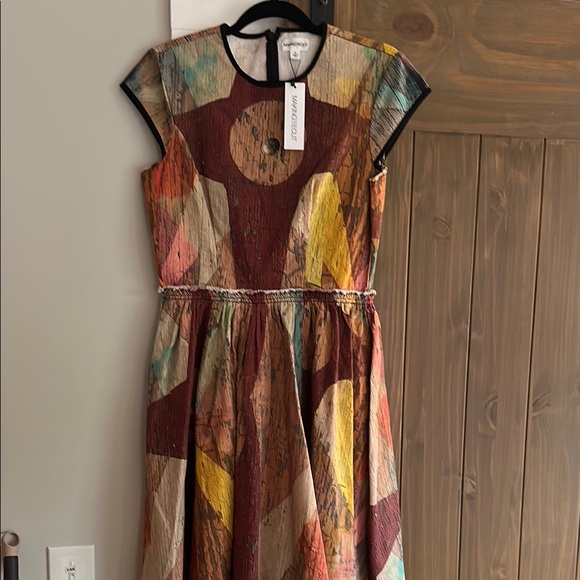 Red and Yellow A-Line Midi Dress with Cap Sleeves - Picture 1 of 6